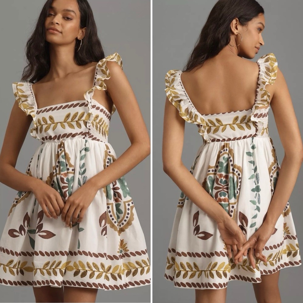 Anthropologie Ruffle-Sleeve White Cotton Square-Neck Mini Dress‎ Size Large NEW